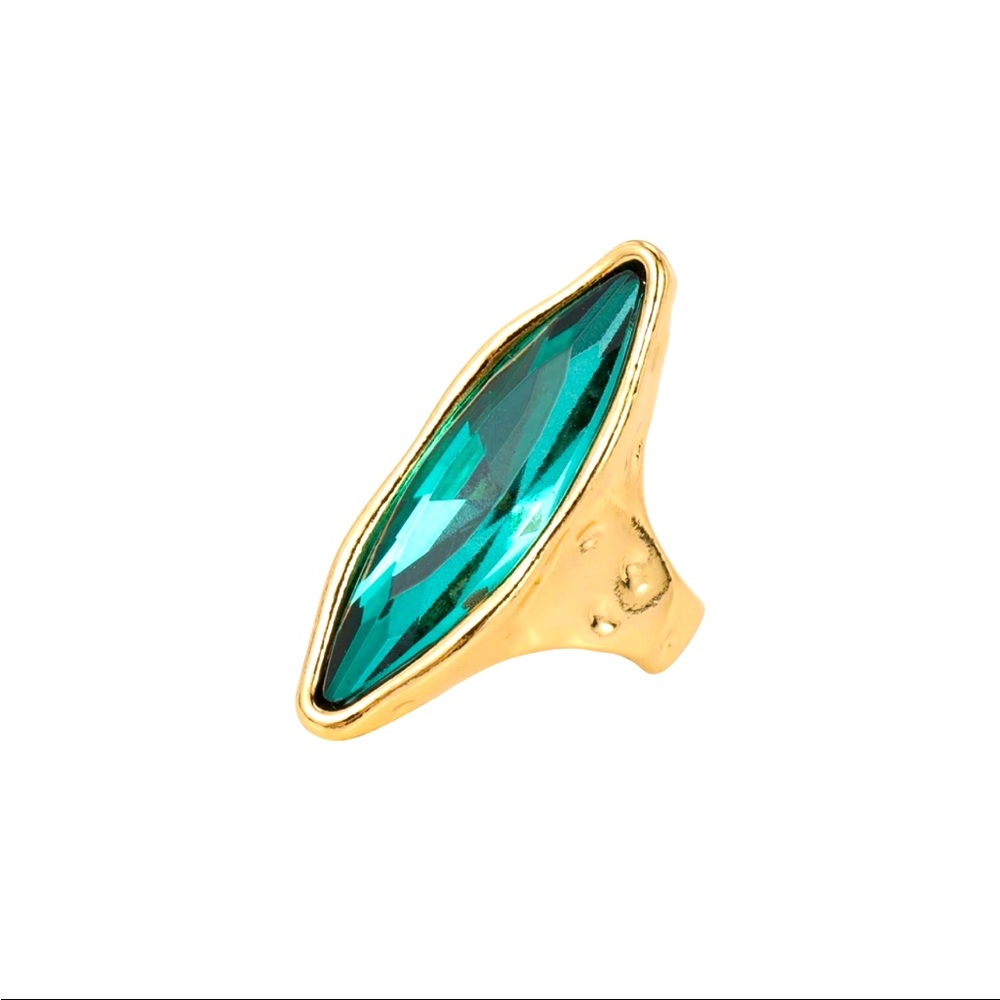 Thick gold tone with teal long stone beautiful ring